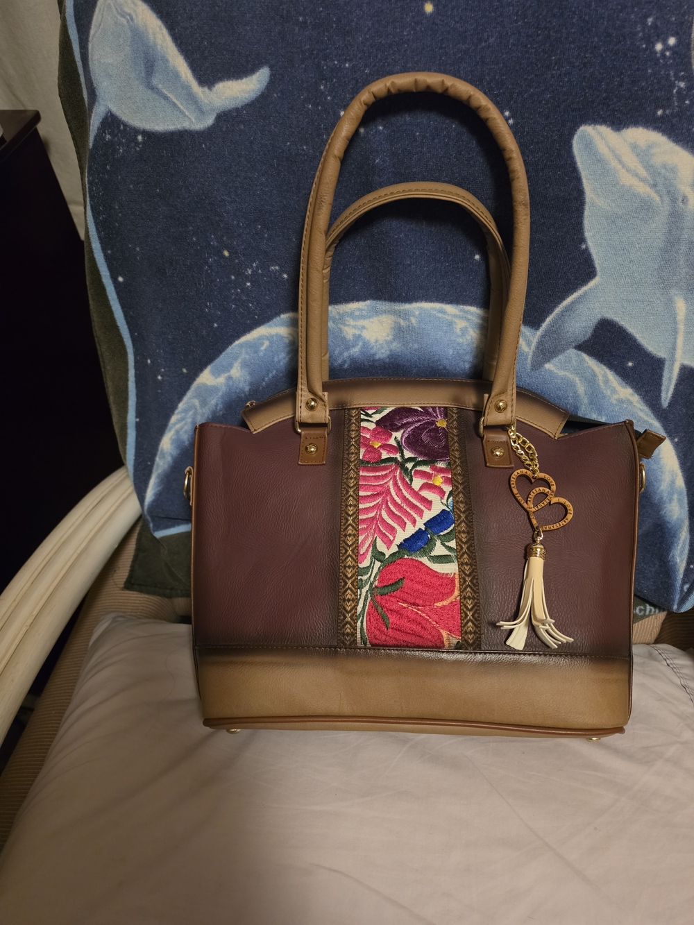 New Stylish Brown Hand Embroidered Floral Leather Handbag